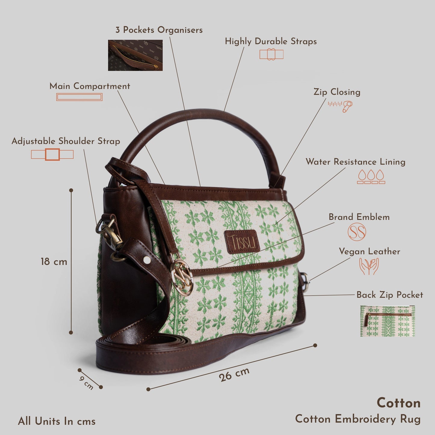 Paisley Motif Green Pattern Sling Bag with Dark Brown Leather Trim | Handwoven Compact Shoulder Bag