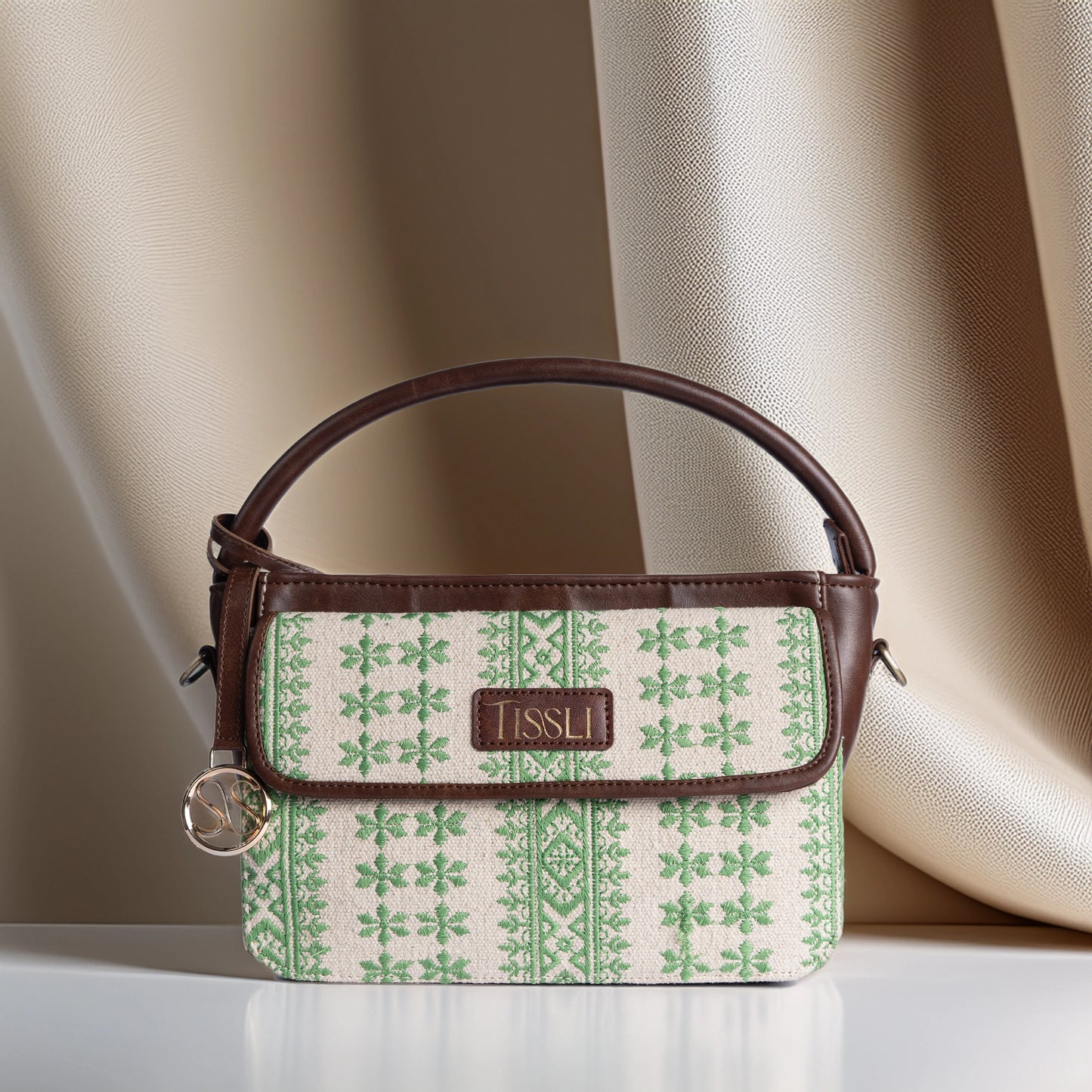 Paisley Motif Green Pattern Sling Bag with Dark Brown Leather Trim | Handwoven Compact Shoulder Bag
