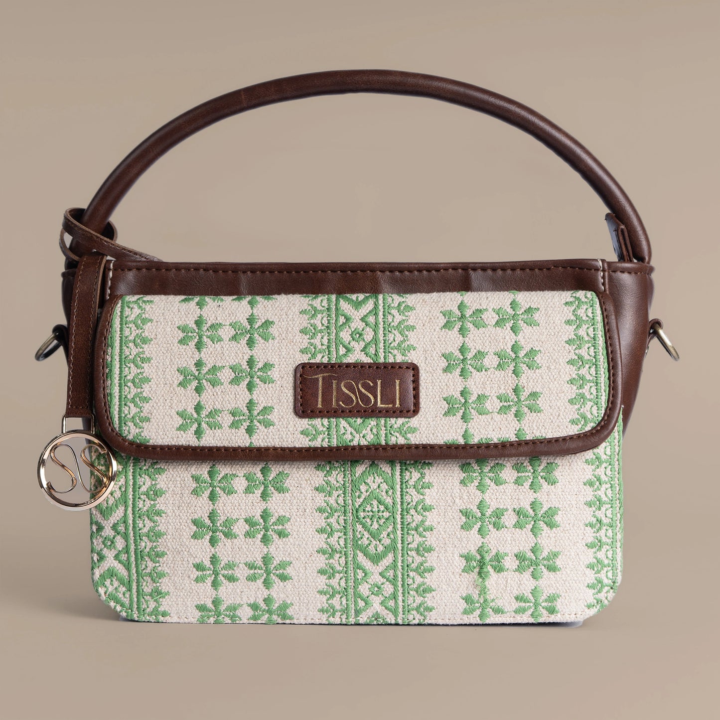 Paisley Motif Green Pattern Sling Bag with Dark Brown Leather Trim | Handwoven Compact Shoulder Bag