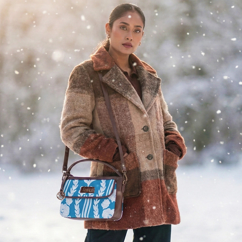 Chikankari Blue Floral Sling Bag with Brown Leather Trim | Handwoven Embroidered Shoulder Bag