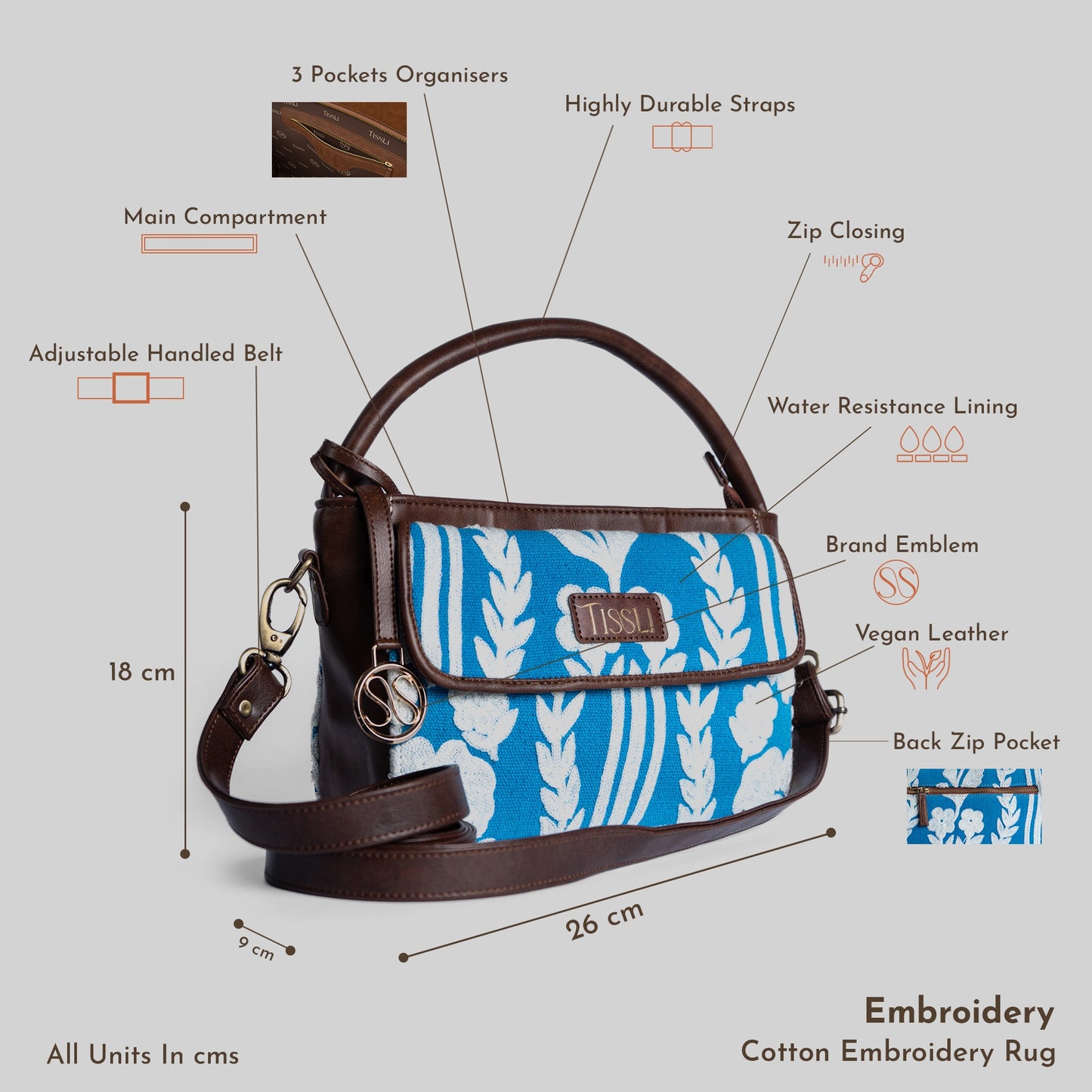 Chikankari Blue Floral Sling Bag with Brown Leather Trim | Handwoven Embroidered Shoulder Bag