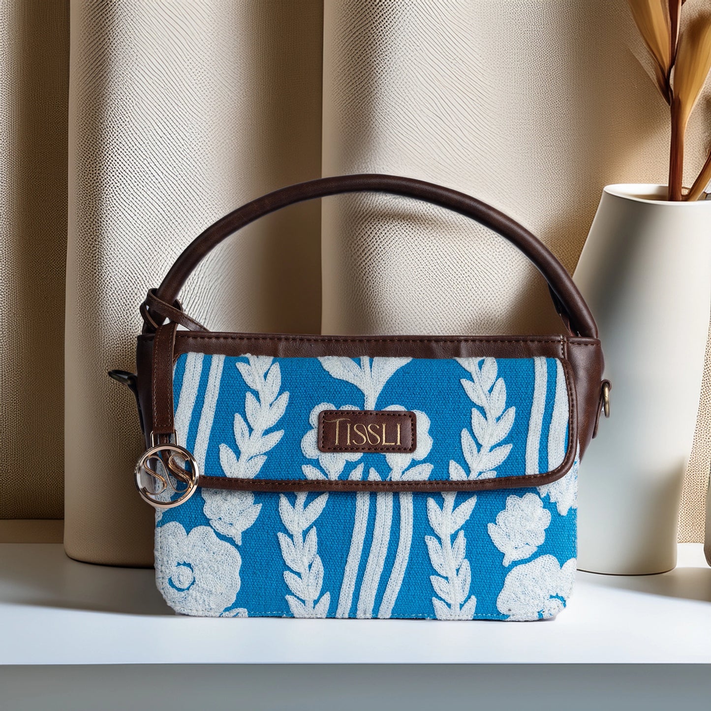 Chikankari Blue Floral Sling Bag with Brown Leather Trim | Handwoven Embroidered Shoulder Bag