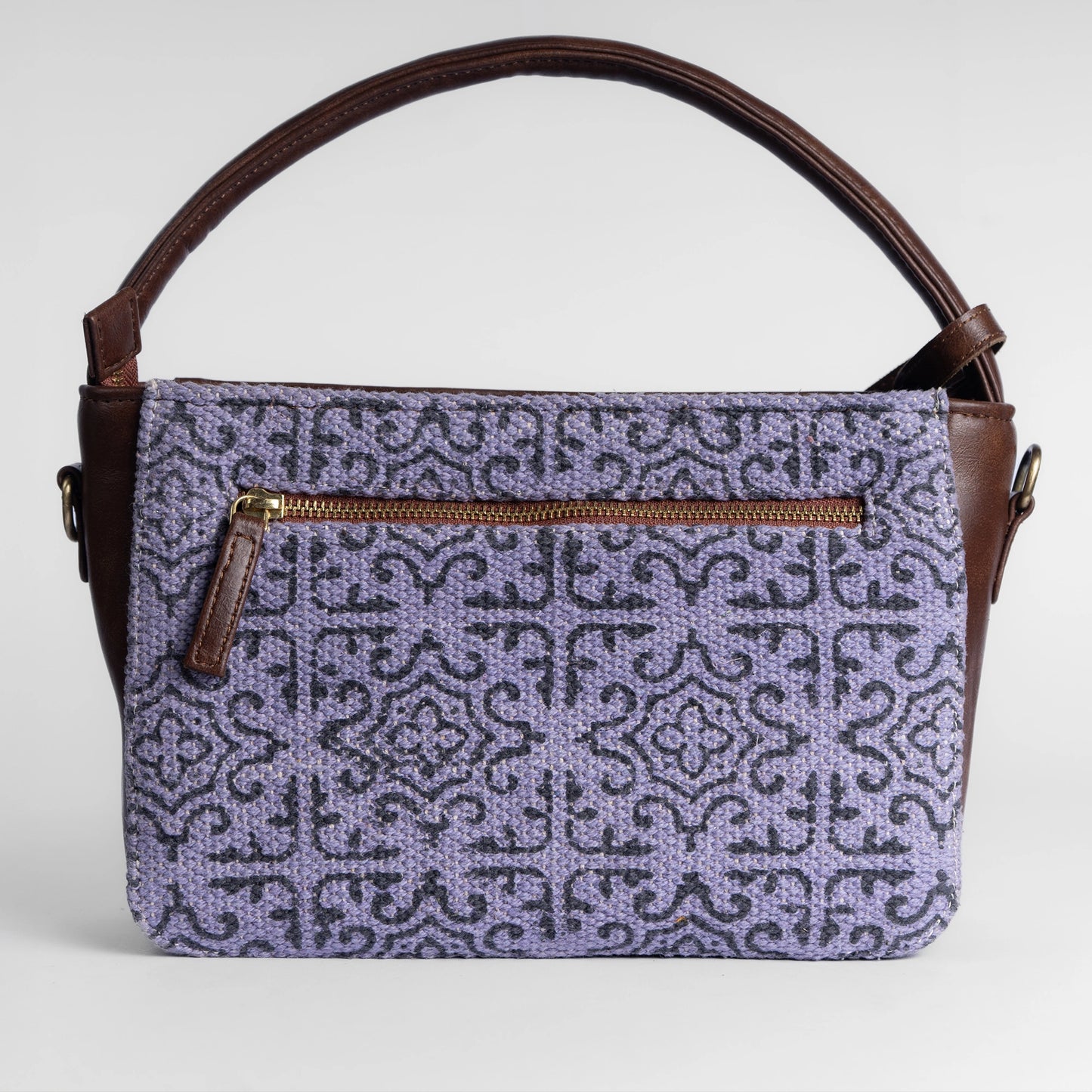 Lavender Lace Pattern Sling Bag with Brown Leather Trim | Handwoven Compact Shoulder Bag