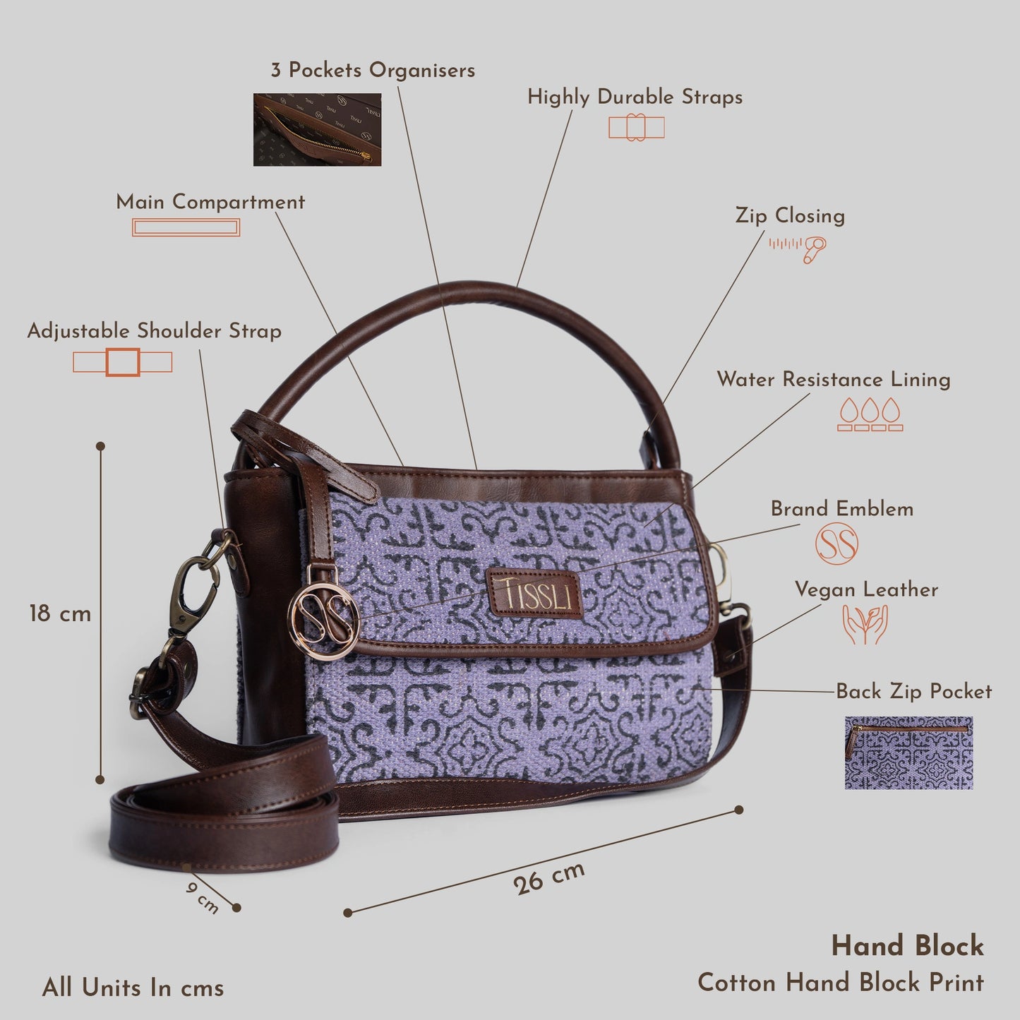 Lavender Lace Pattern Sling Bag with Brown Leather Trim | Handwoven Compact Shoulder Bag