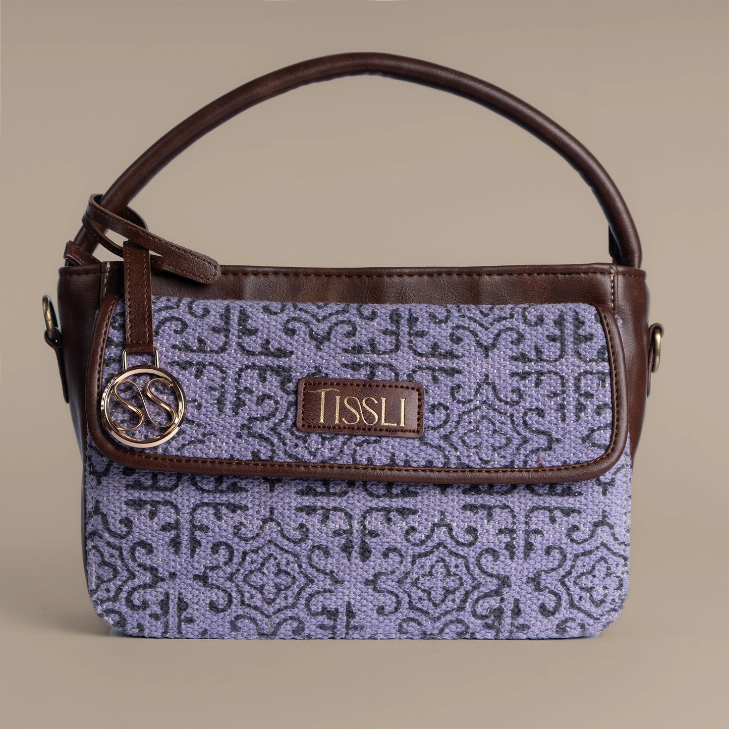 Lavender Lace Pattern Sling Bag with Brown Leather Trim | Handwoven Compact Shoulder Bag