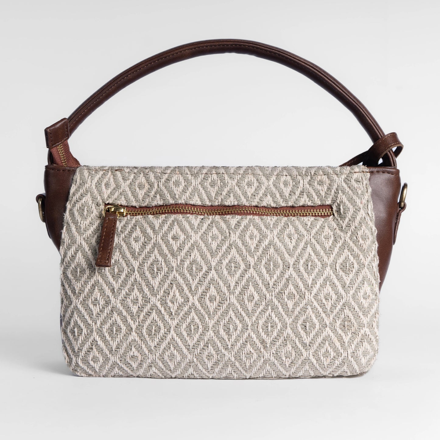 Handwoven Chandan Khari Hand Bag with Brown Leather Handle | Elegant Neutral-Tone Sling for Everyday Use