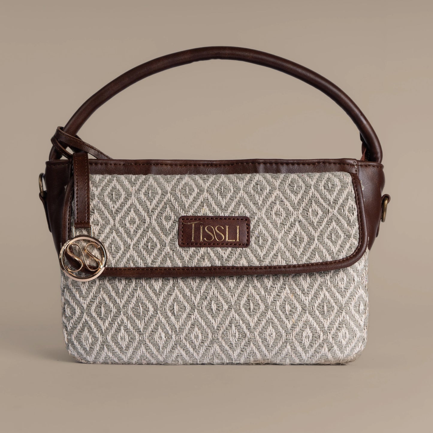 Handwoven Chandan Khari Hand Bag with Brown Leather Handle | Elegant Neutral-Tone Sling for Everyday Use