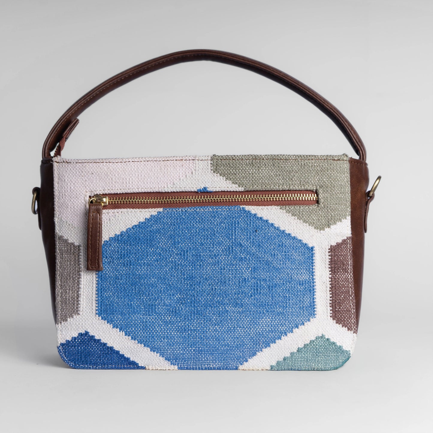 Honeycomb Hues Multi-Tone Sling Bag with Brown Leather Trim | Handwoven Geometric Shoulder Bag
