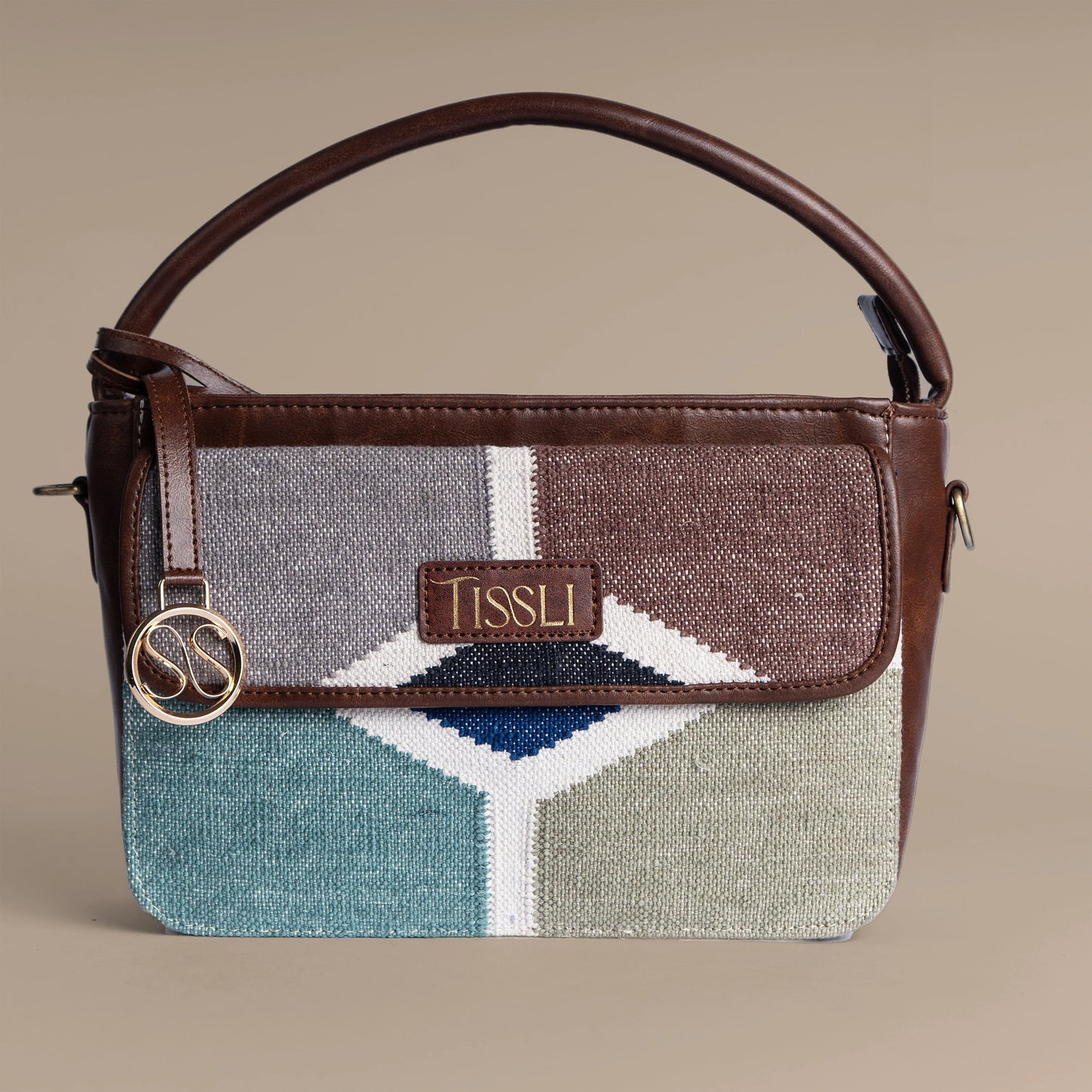 Honeycomb Hues Multi-Tone Sling Bag with Brown Leather Trim | Handwoven Geometric Shoulder Bag