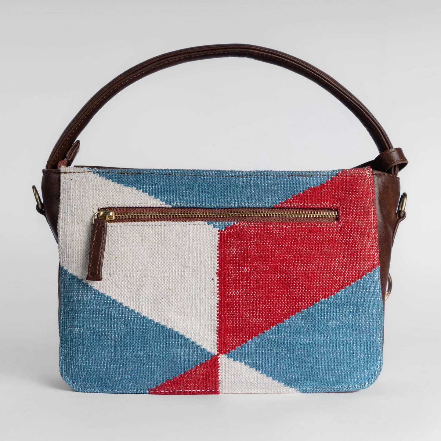 Illusionist Tri-Color Pattern Sling Bag with Brown Leather Detailing | Handwoven Compact Shoulder Bag