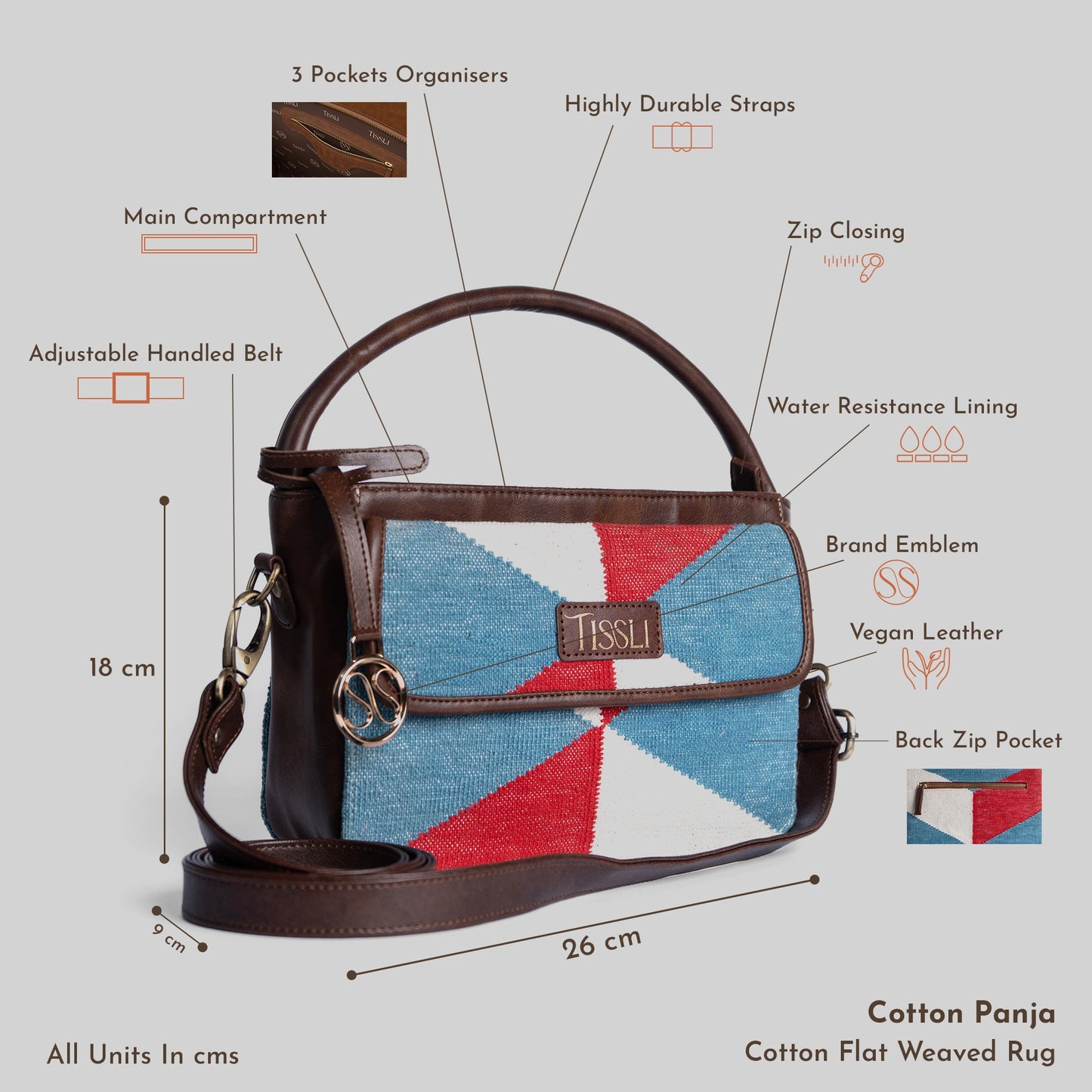 Illusionist Tri-Color Pattern Sling Bag with Brown Leather Detailing | Handwoven Compact Shoulder Bag