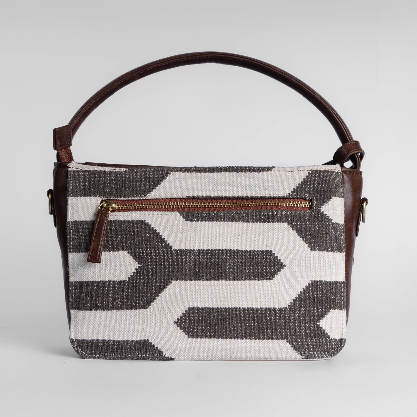Handwoven Shadow Maze Hand Bag with Brown Leather Detailing | Elegant and Modern Everyday Sling for Women