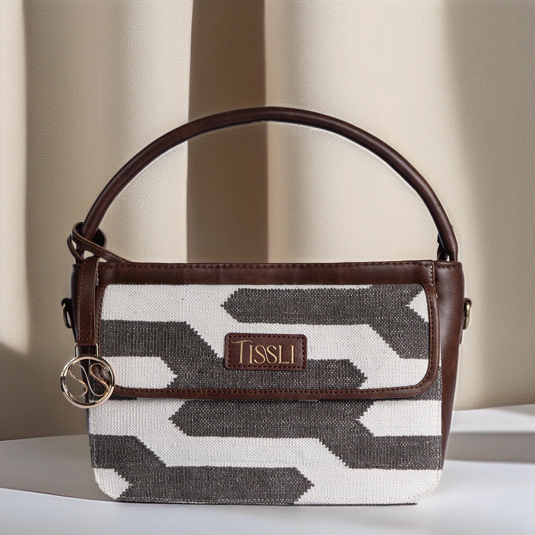 Handwoven Shadow Maze Hand Bag with Brown Leather Detailing | Elegant and Modern Everyday Sling for Women