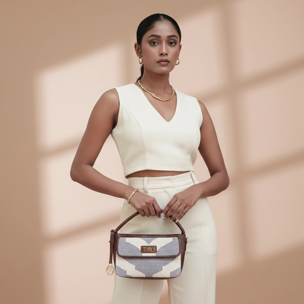 Handwoven Rajasthani Trellis Cross Body Bag with Brown Leather Detailing | Perfect Everyday Sling for Women