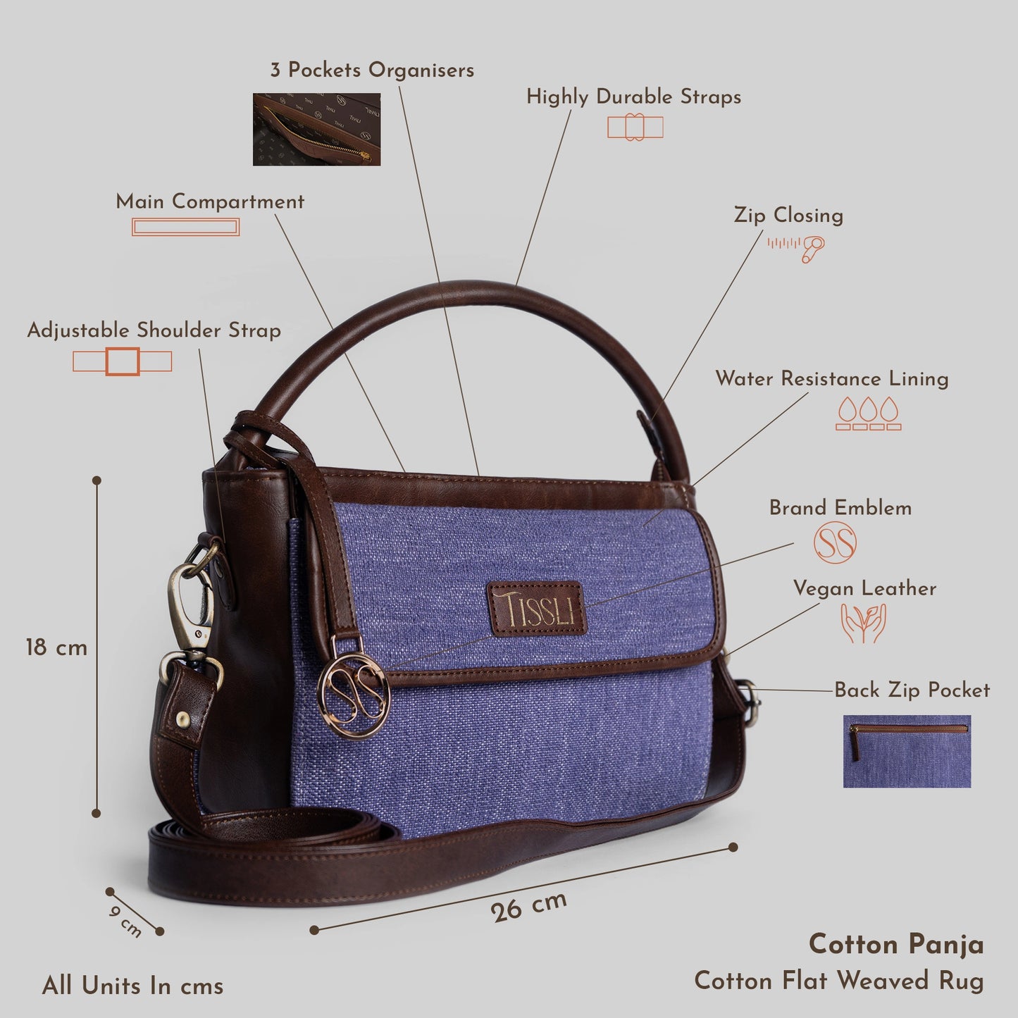 Indigo Dreams Hand Bag with Dark Brown Leather Trim | Handwoven Compact Shoulder Bag
