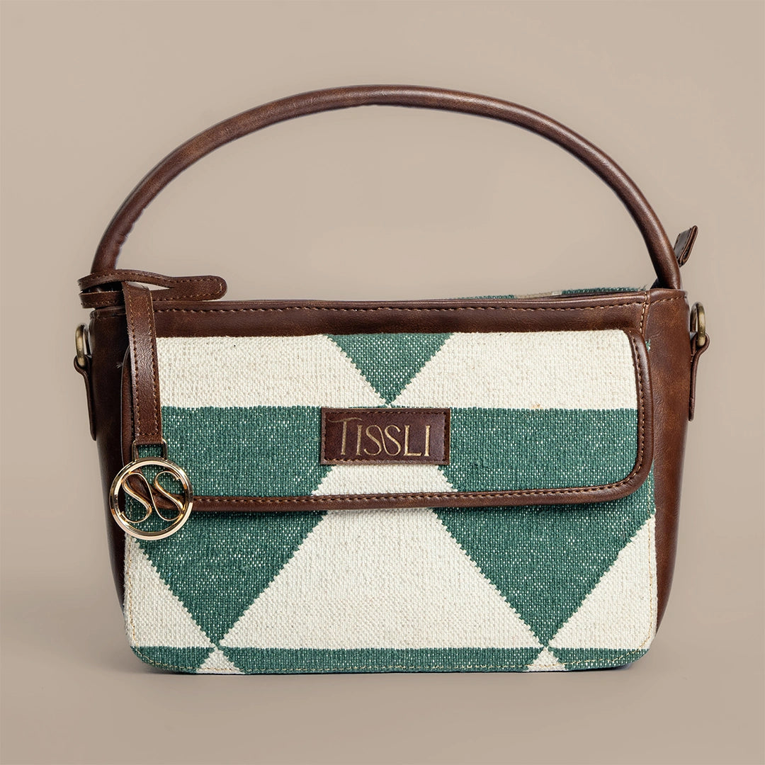 Vana Moksha Hand Bag | Handwoven green and white geometric pattern inspired by nature and calmness