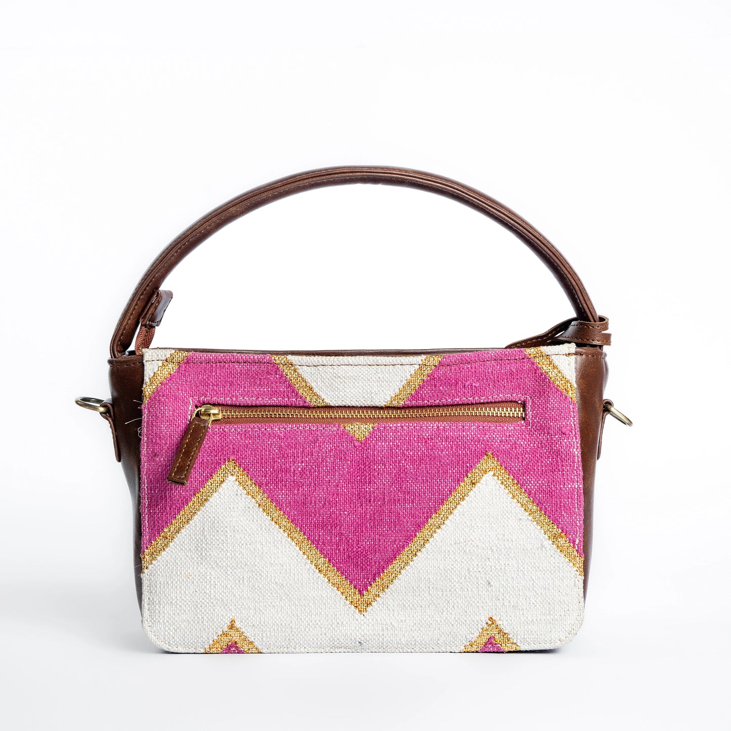 Fuchsia Fusion Hand Bag | Handwoven pink and white geometric design with golden accents for a vibrant look