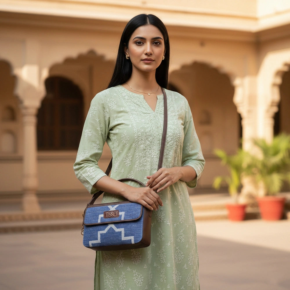 Handwoven Indigofera Lattice Hand Bag with Brown Leather Handle | Elegant Geometric Weave for Everyday Style