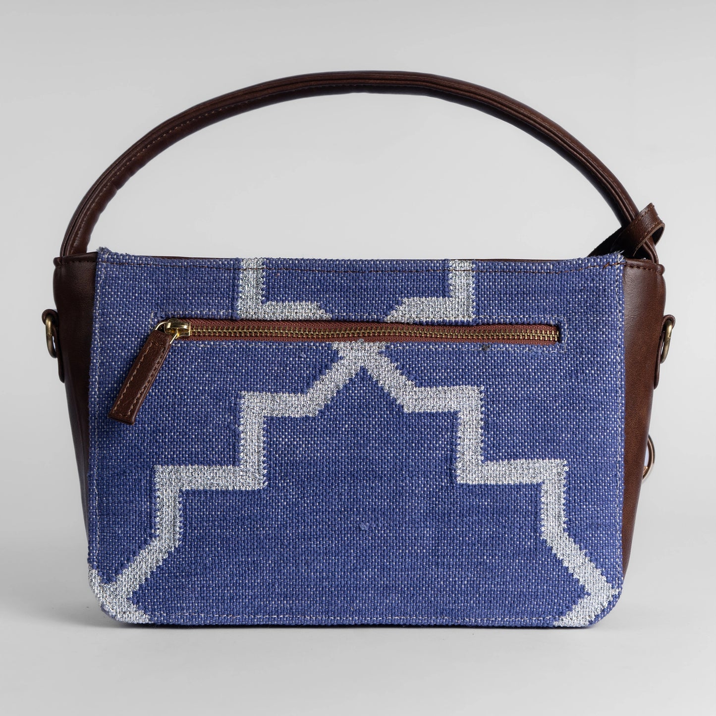 Handwoven Indigofera Lattice Hand Bag with Brown Leather Handle | Elegant Geometric Weave for Everyday Style