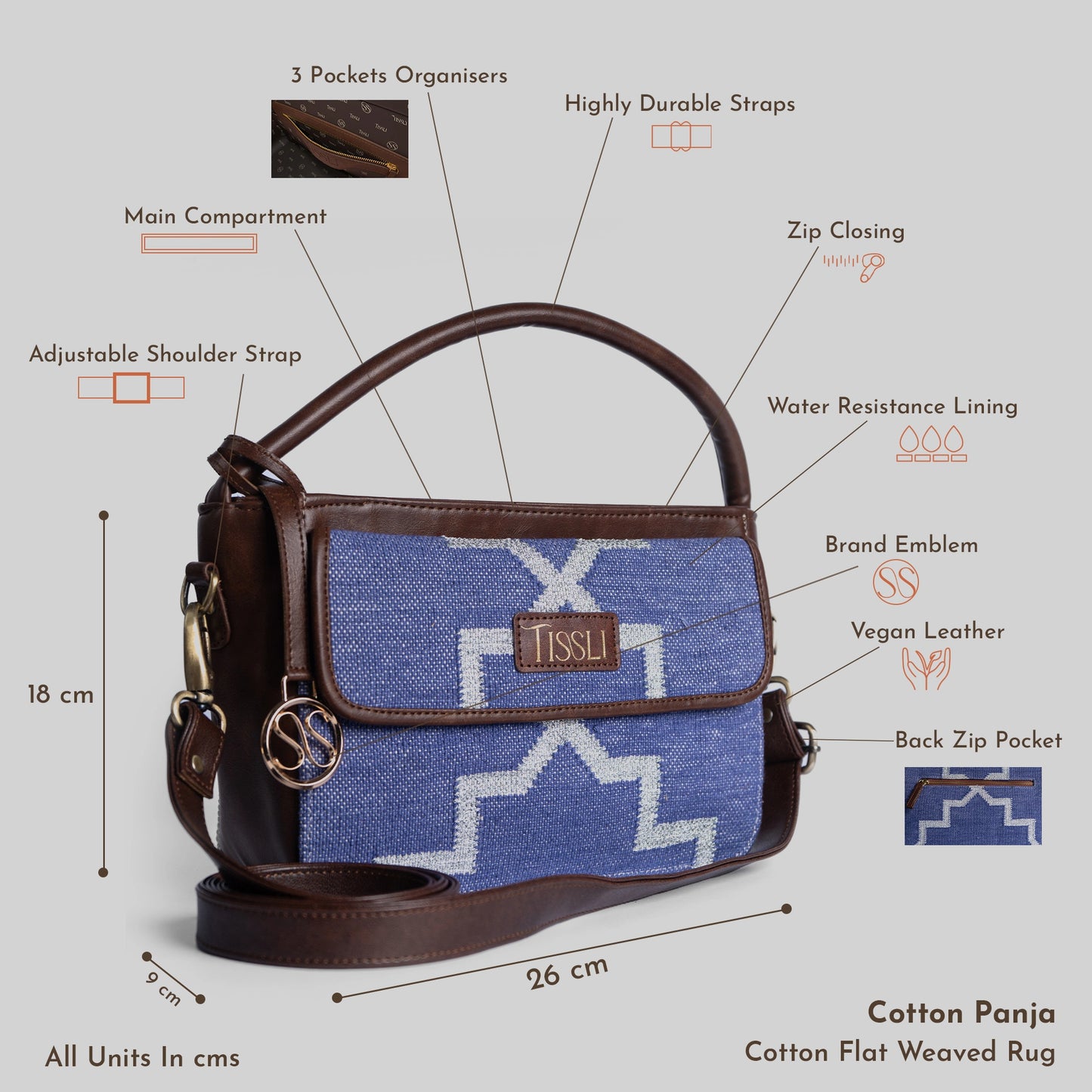 Handwoven Indigofera Lattice Hand Bag with Brown Leather Handle | Elegant Geometric Weave for Everyday Style