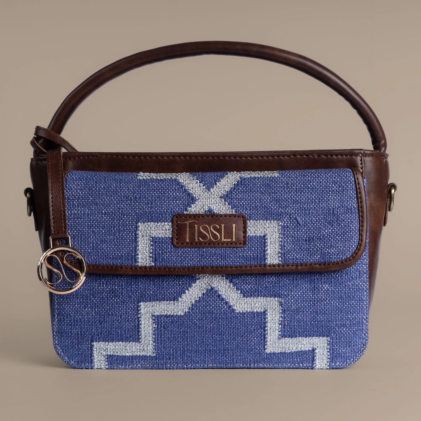 Handwoven Indigofera Lattice Hand Bag with Brown Leather Handle | Elegant Geometric Weave for Everyday Style