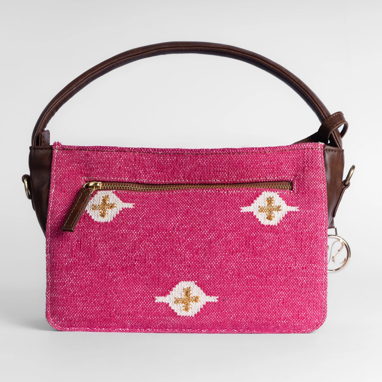 Fuchsia Fiesta Pink Hand Bag with Brown Leather Accents | Handcrafted Everyday Sling Bag