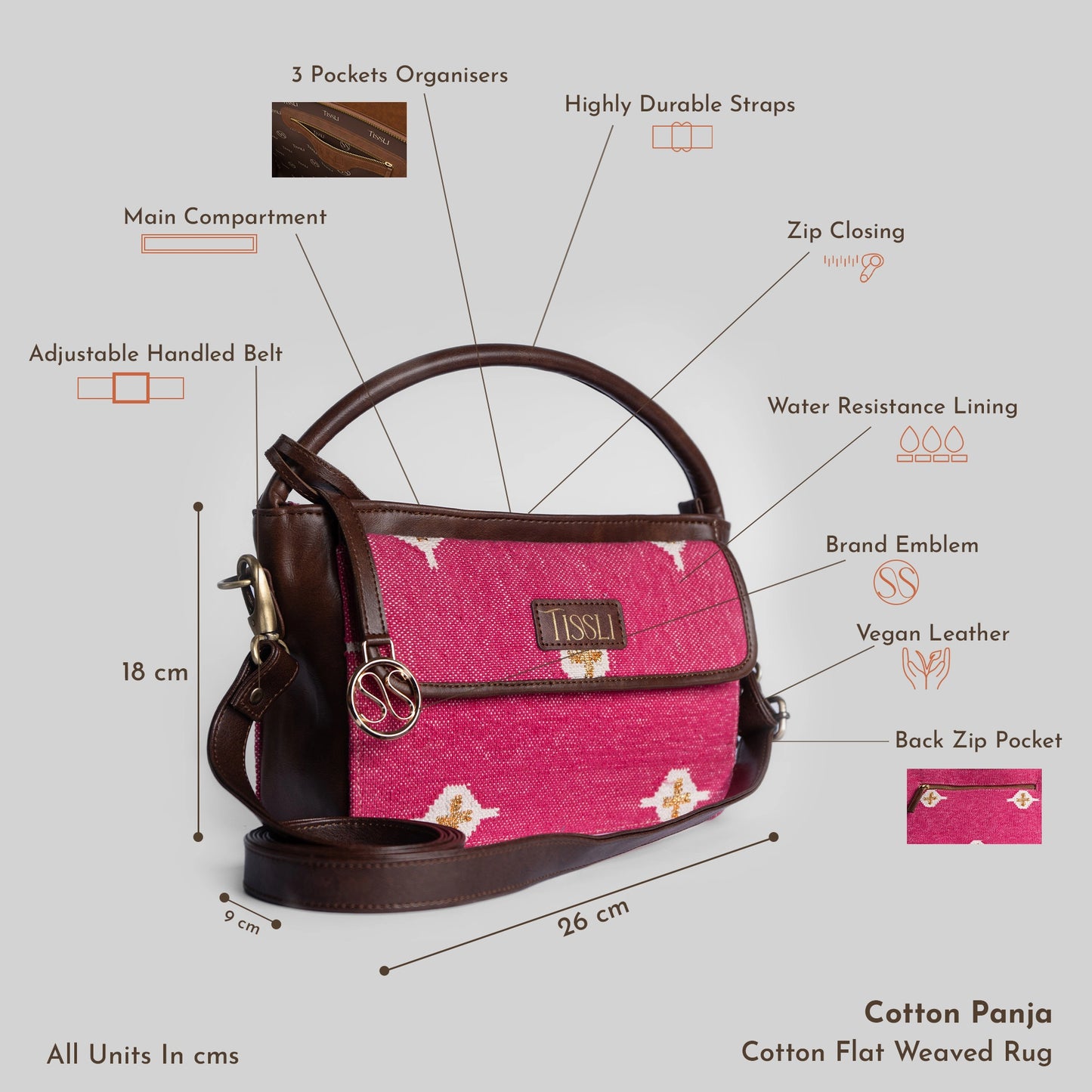 Fuchsia Fiesta Pink Hand Bag with Brown Leather Accents | Handcrafted Everyday Sling Bag