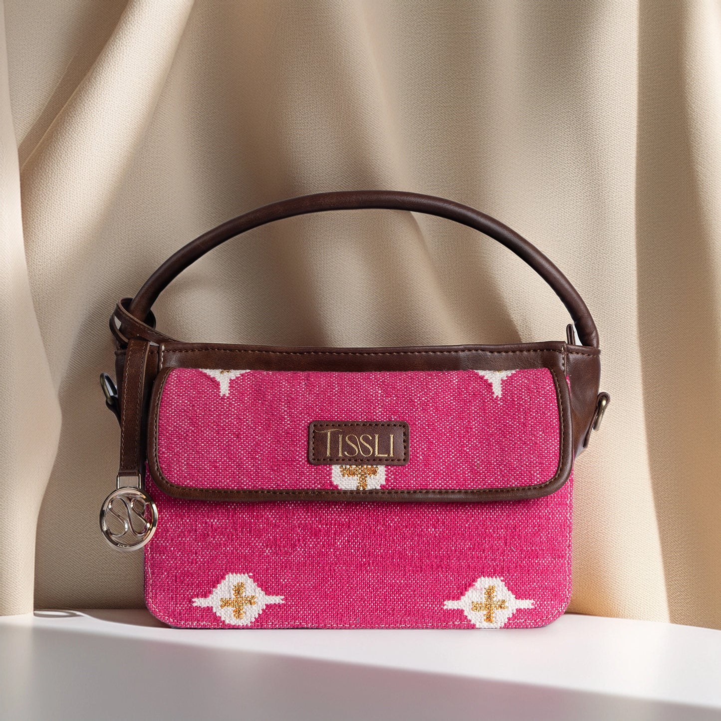 Fuchsia Fiesta Pink Hand Bag with Brown Leather Accents | Handcrafted Everyday Sling Bag