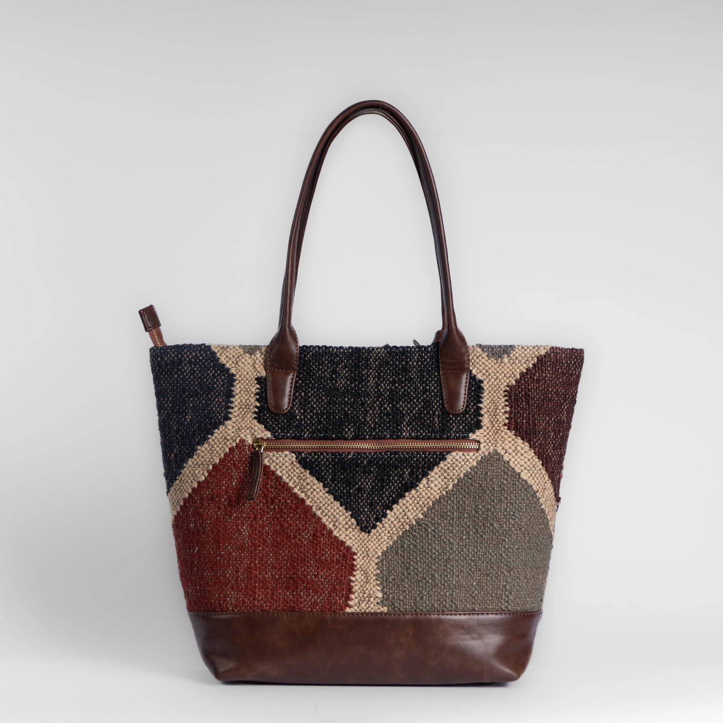 Gemstone Mosaic Multi-Color Tote Bag with Brown Leather Base | Handcrafted Everyday Shoulder Bag