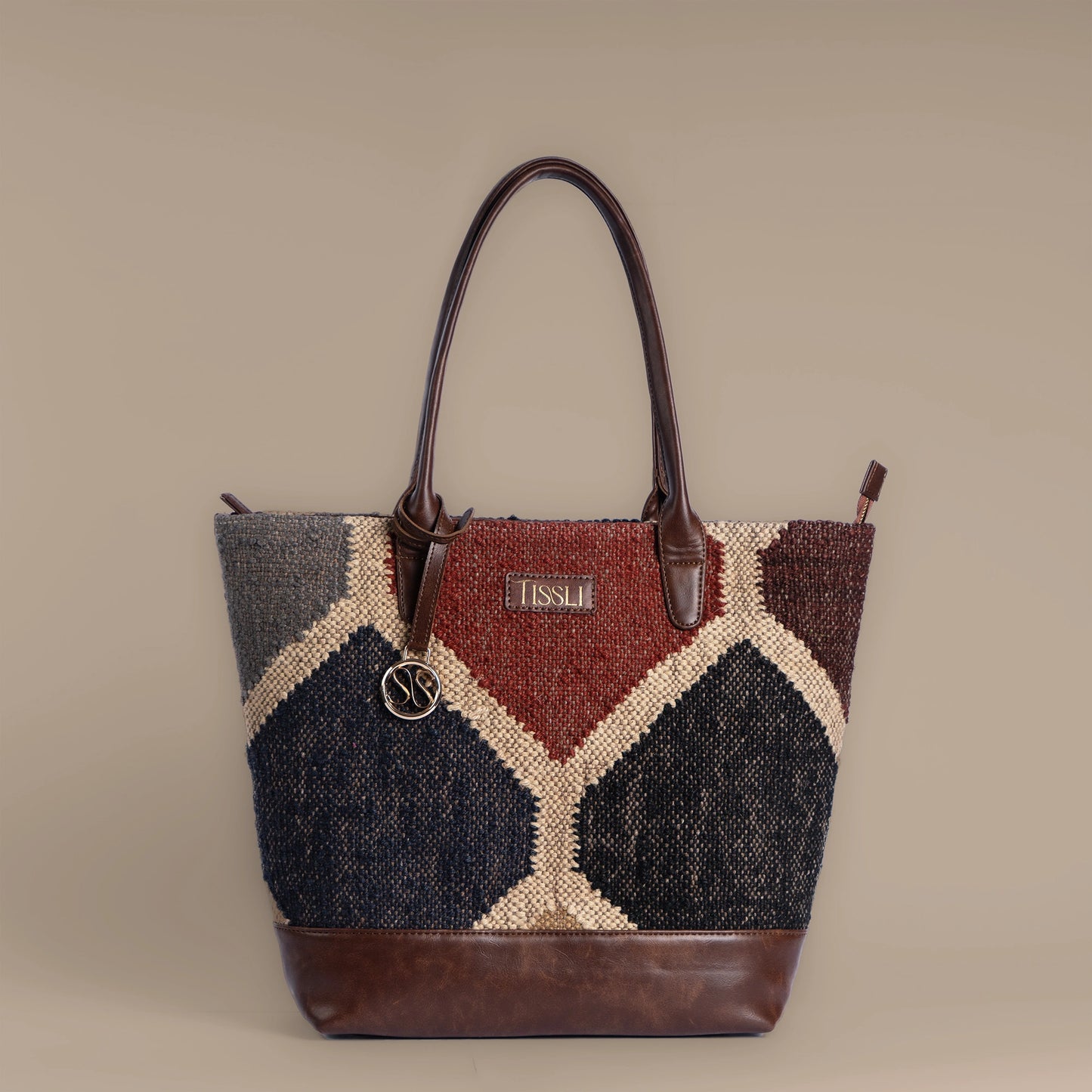 Gemstone Mosaic Multi-Color Tote Bag with Brown Leather Base | Handcrafted Everyday Shoulder Bag
