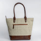 Chandan Khari Ivory Diamond Pattern Tote Bag with Brown Leather Base | Handwoven Everyday Shoulder Bag
