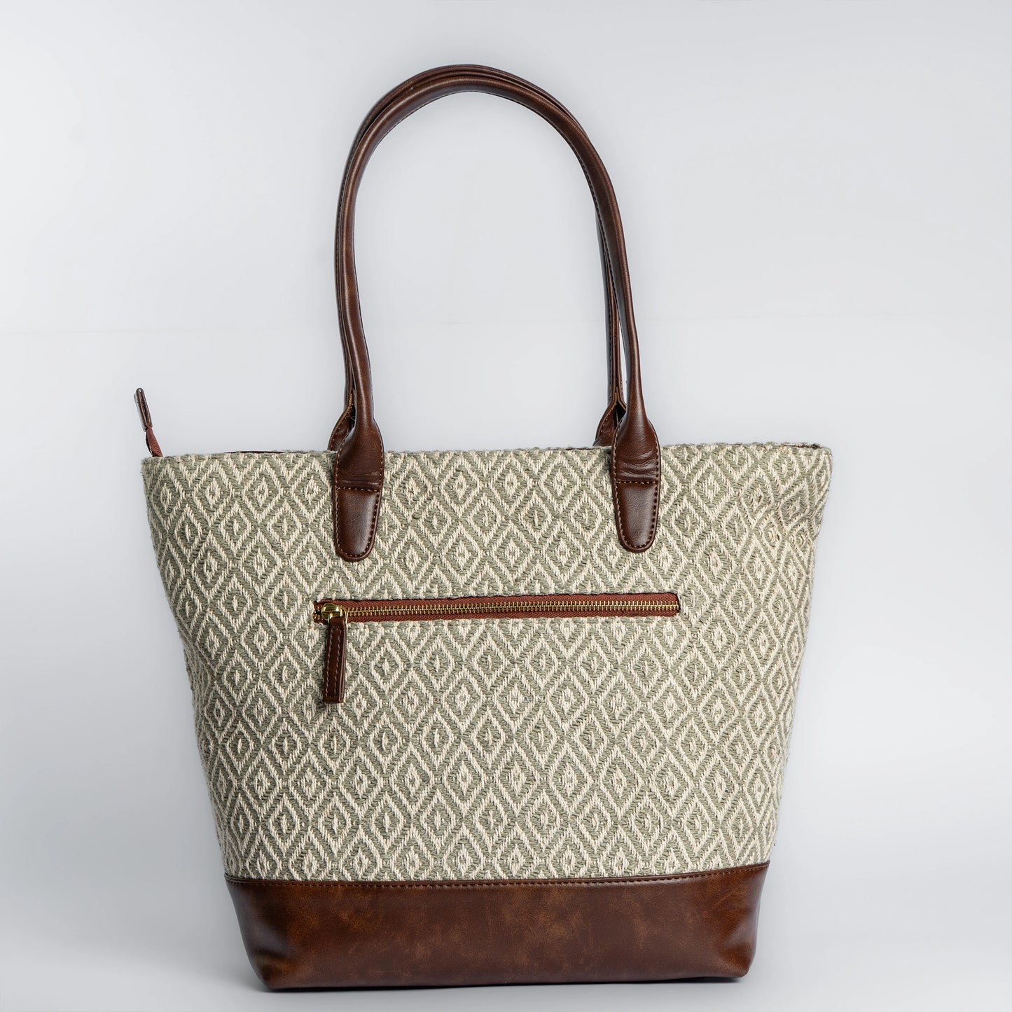 Chandan Khari Ivory Diamond Pattern Tote Bag with Brown Leather Base | Handwoven Everyday Shoulder Bag