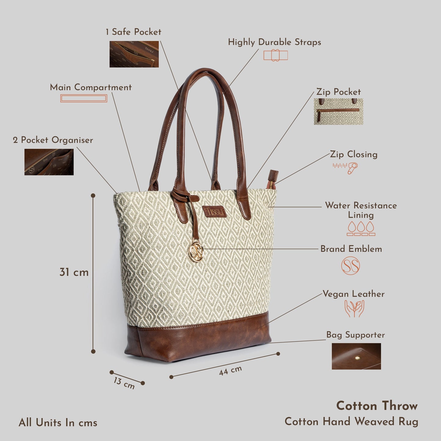Chandan Khari Ivory Diamond Pattern Tote Bag with Brown Leather Base | Handwoven Everyday Shoulder Bag
