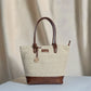 Chandan Khari Ivory Diamond Pattern Tote Bag with Brown Leather Base | Handwoven Everyday Shoulder Bag