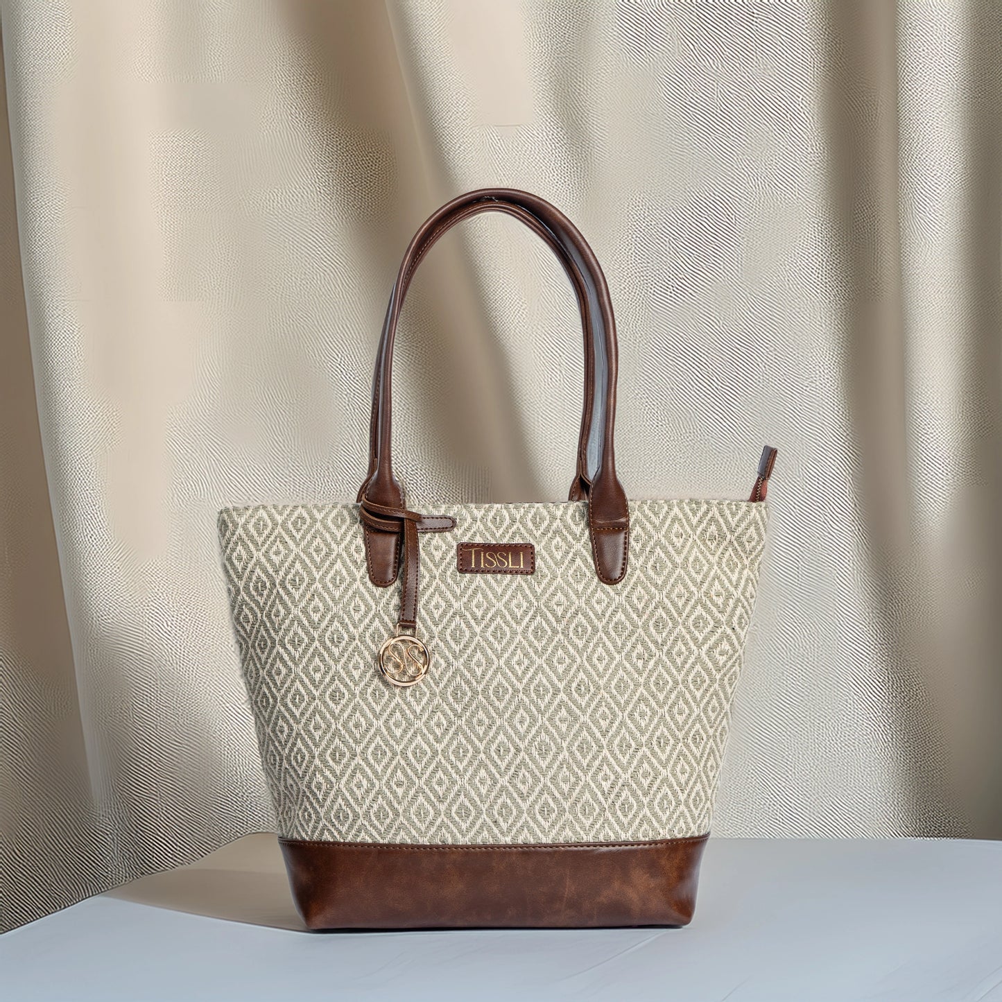 Chandan Khari Ivory Diamond Pattern Tote Bag with Brown Leather Base | Handwoven Everyday Shoulder Bag