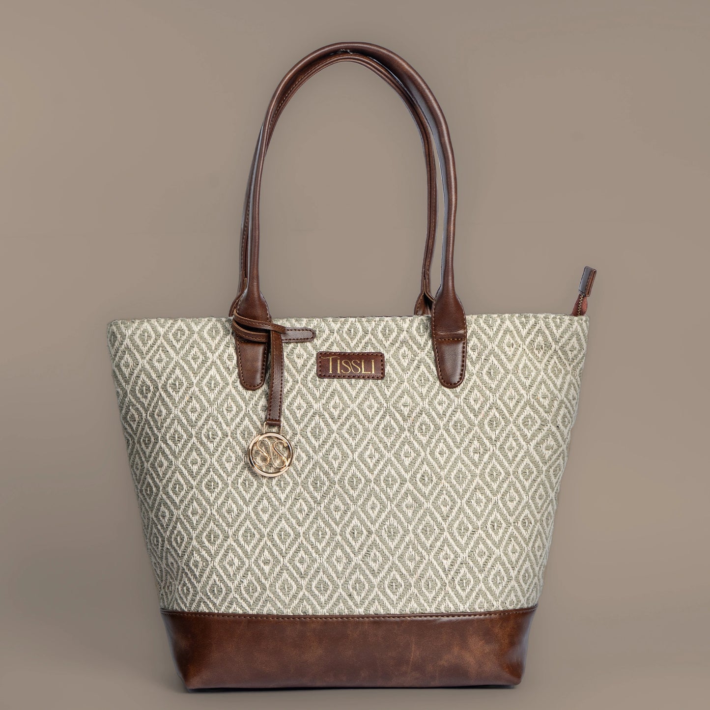 Chandan Khari Ivory Diamond Pattern Tote Bag with Brown Leather Base | Handwoven Everyday Shoulder Bag