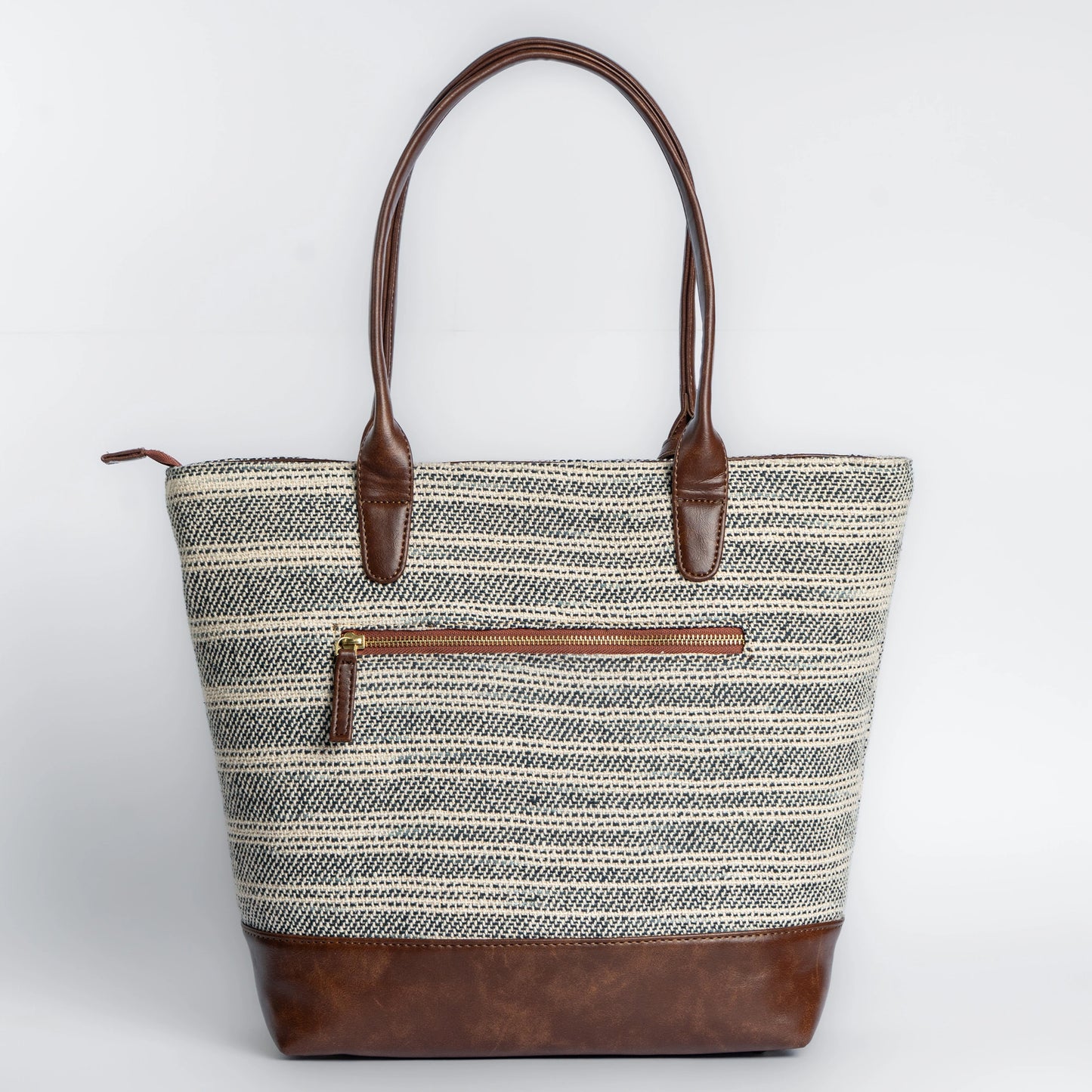 Handwoven Stripe Tote Bag | Classic neutral-toned weave with leather accents for everyday use