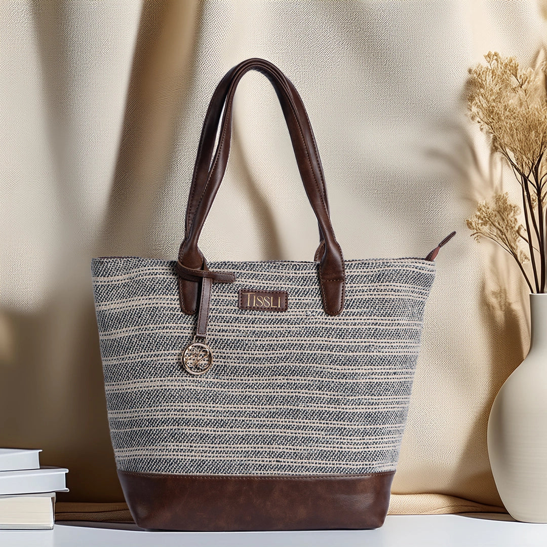 Handwoven Stripe Tote Bag | Classic neutral-toned weave with leather accents for everyday use