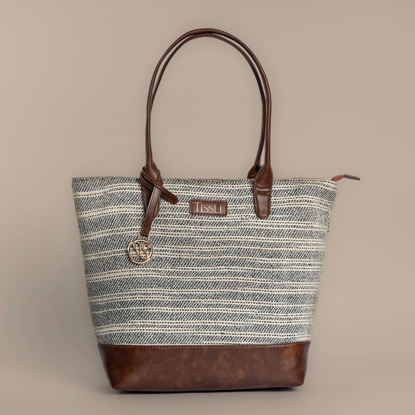 Handwoven Stripe Tote Bag | Classic neutral-toned weave with leather accents for everyday use