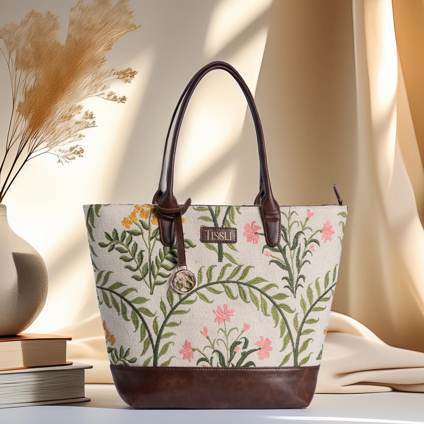 Gulzar Floral Embroidered Tote Bag with Brown Leather Base | Handcrafted Everyday Shoulder Bag