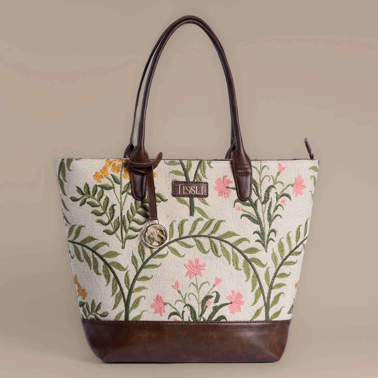 Gulzar Floral Embroidered Tote Bag with Brown Leather Base | Handcrafted Everyday Shoulder Bag