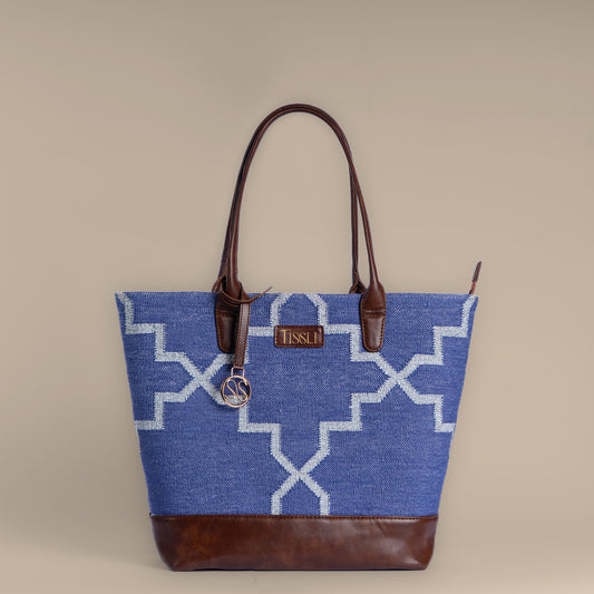 Indigofera Lattice Tote Bag | Handwoven blue and white geometric design for a refined everyday look