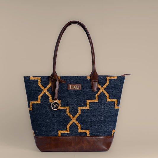 Celestial Lattice Tote Bag | Handwoven navy and gold design inspired by timeless lattice patterns