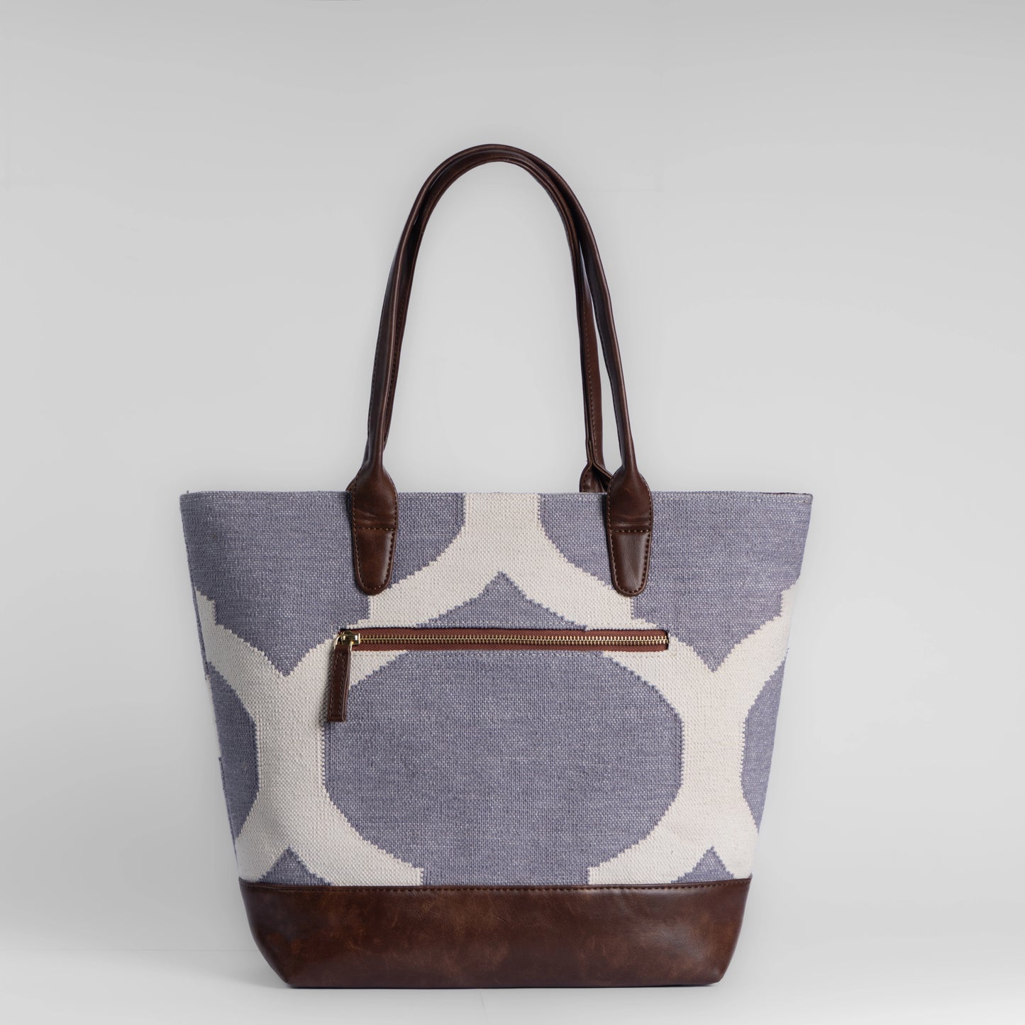 Rajasthani Trellis Blue Pattern Tote Bag with Brown Leather Base | Handcrafted Heritage Shoulder Bag