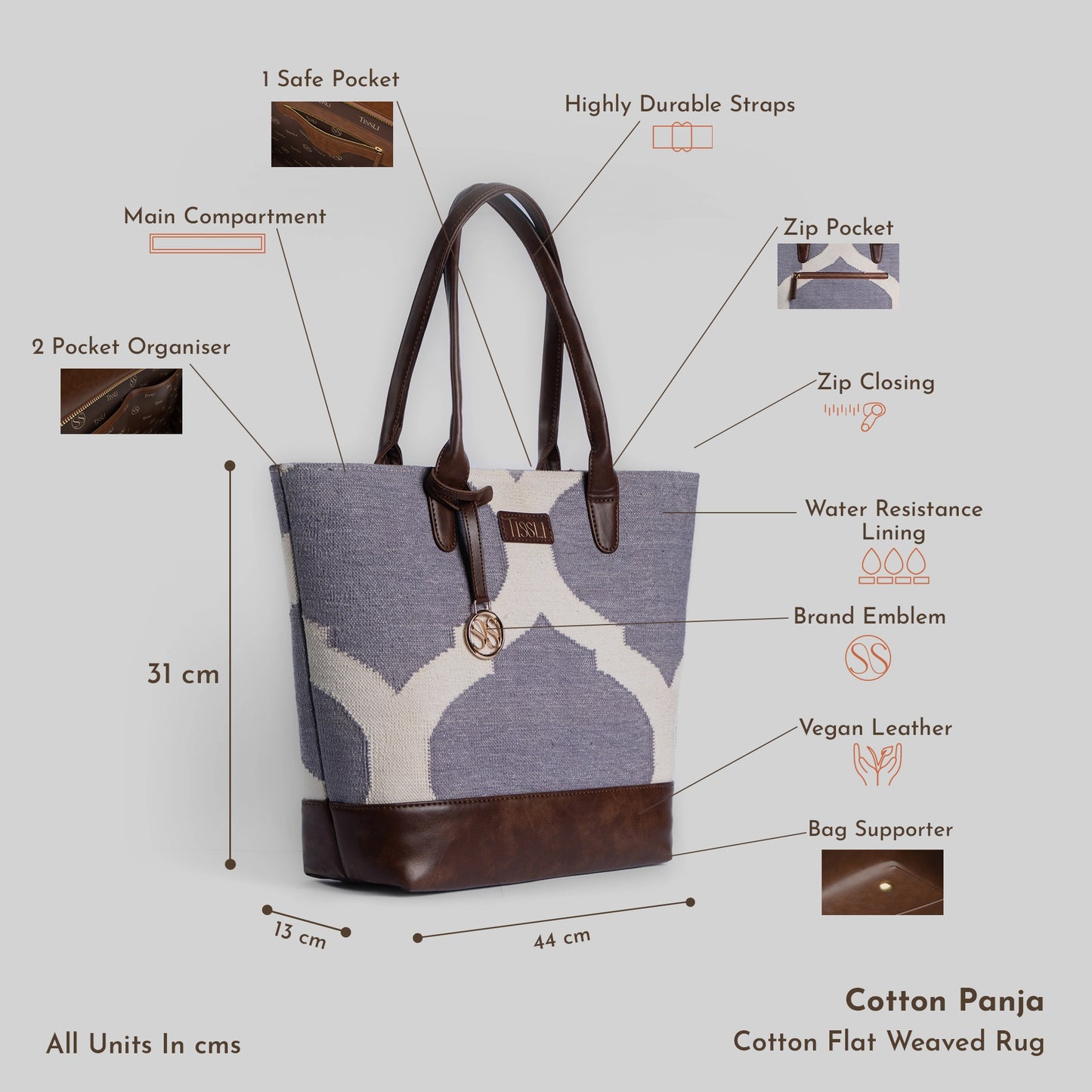 Rajasthani Trellis Blue Pattern Tote Bag with Brown Leather Base | Handcrafted Heritage Shoulder Bag