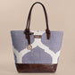 Rajasthani Trellis Blue Pattern Tote Bag with Brown Leather Base | Handcrafted Heritage Shoulder Bag