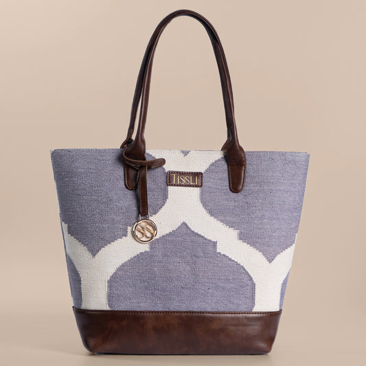 Rajasthani Trellis Blue Pattern Tote Bag with Brown Leather Base | Handcrafted Heritage Shoulder Bag