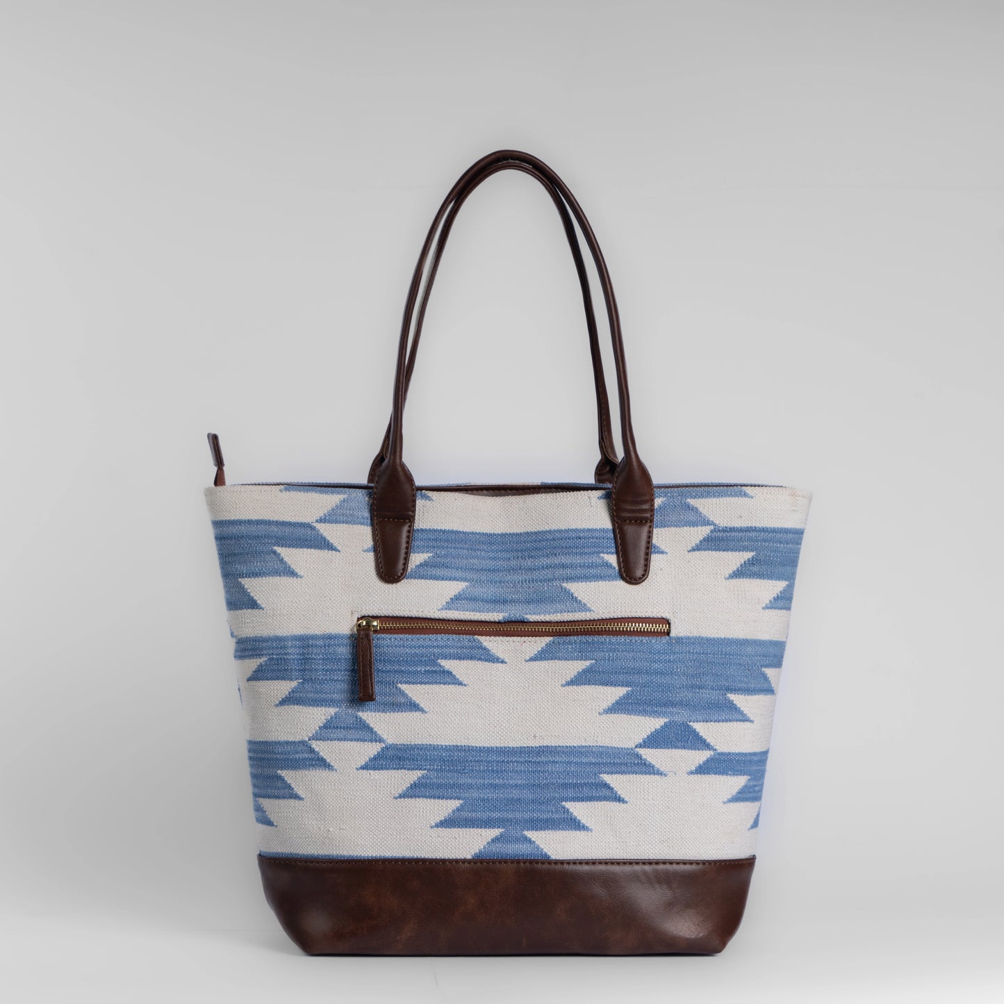 Mountain Mist Blue Geometric Tote Bag with Brown Leather Base | Handwoven Everyday Shoulder Bag