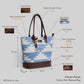 Mountain Mist Blue Geometric Tote Bag with Brown Leather Base | Handwoven Everyday Shoulder Bag