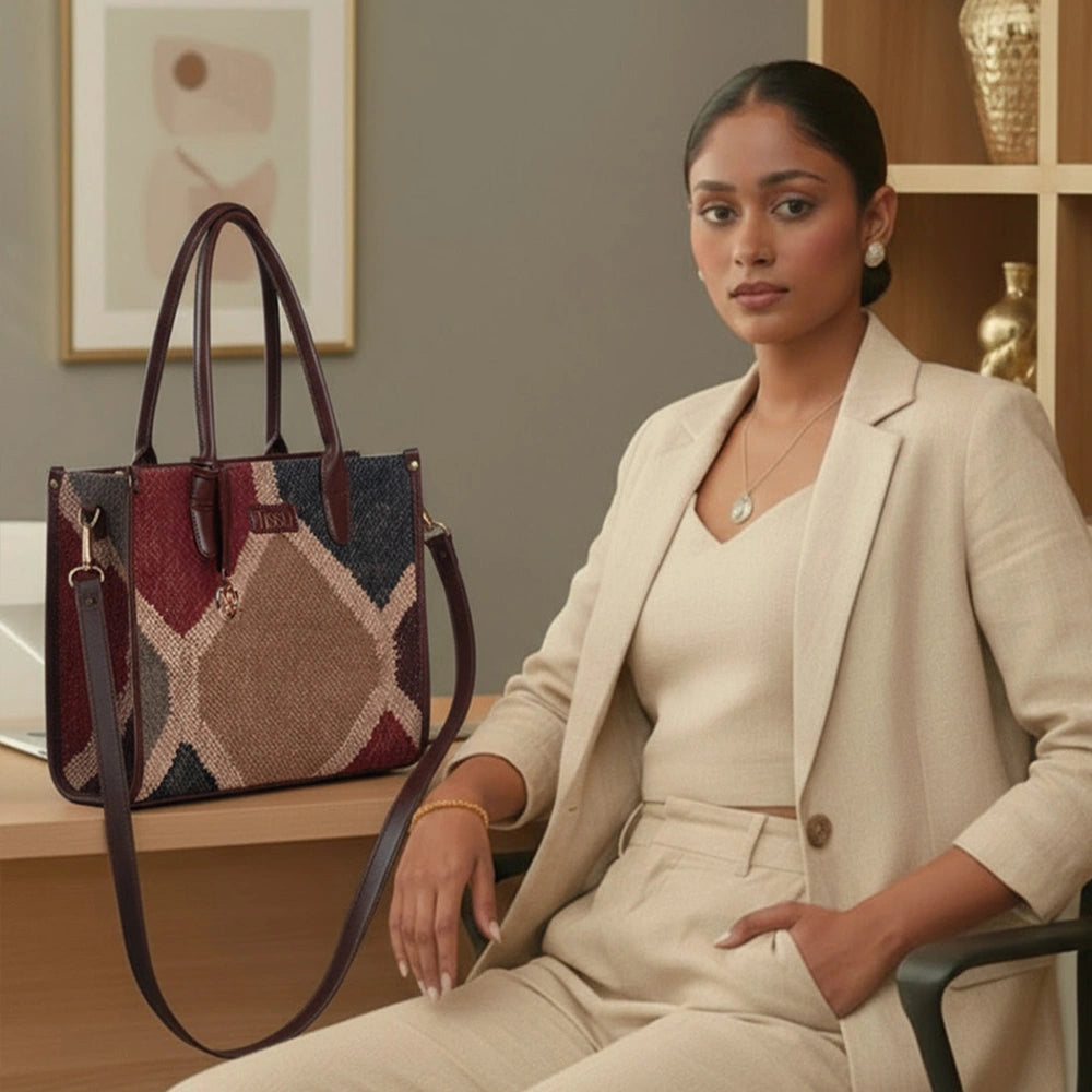 Gemstone Mosaic Multi-Color Shoulder Bag with Brown Leather Trim | Handwoven Everyday Tote Bag